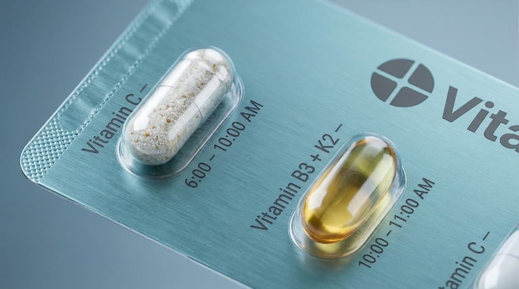 VitaSlips blister pack close-up with timed dosing