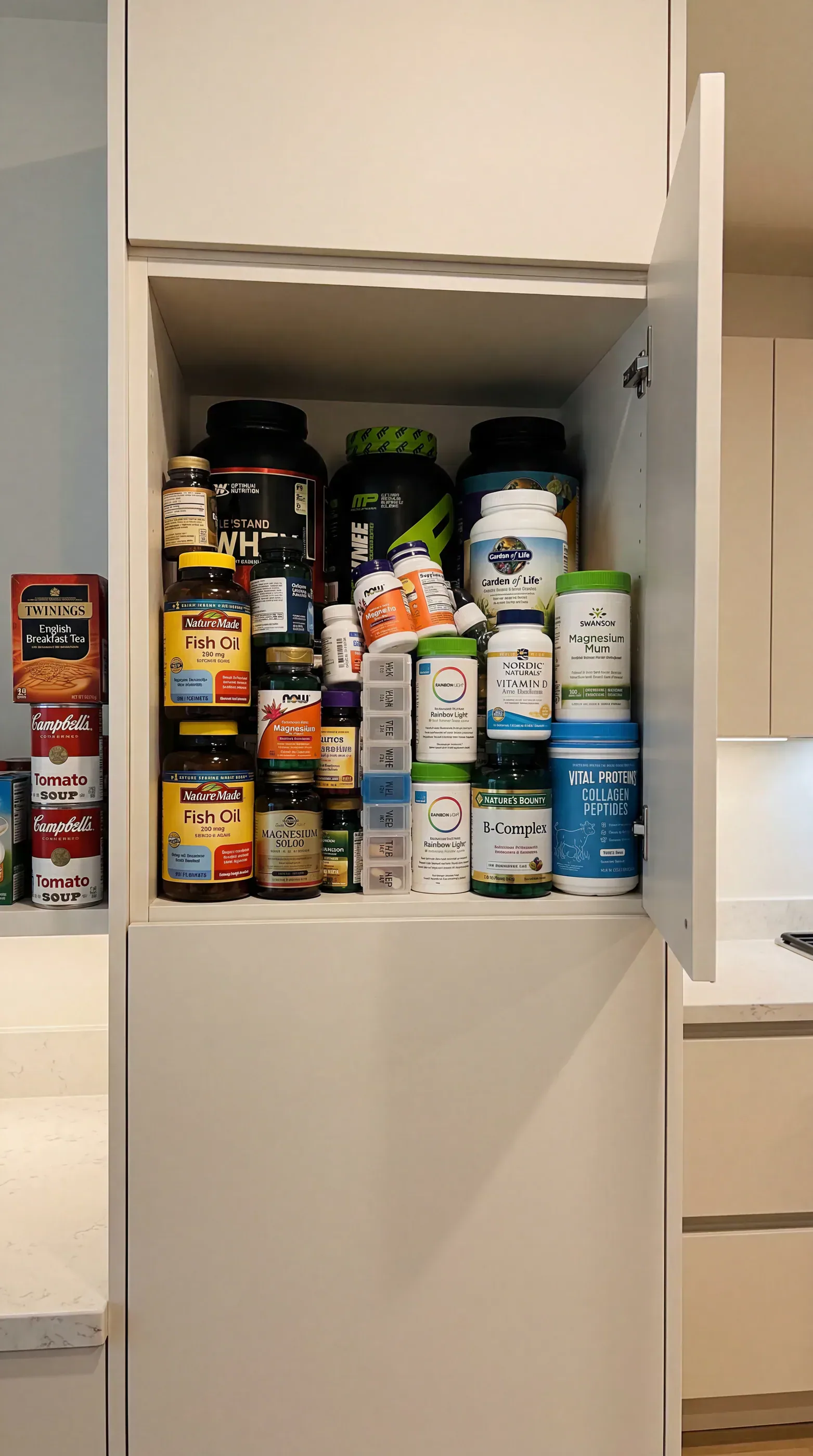 Open cabinet shelf crowded with supplement bottles and tubs