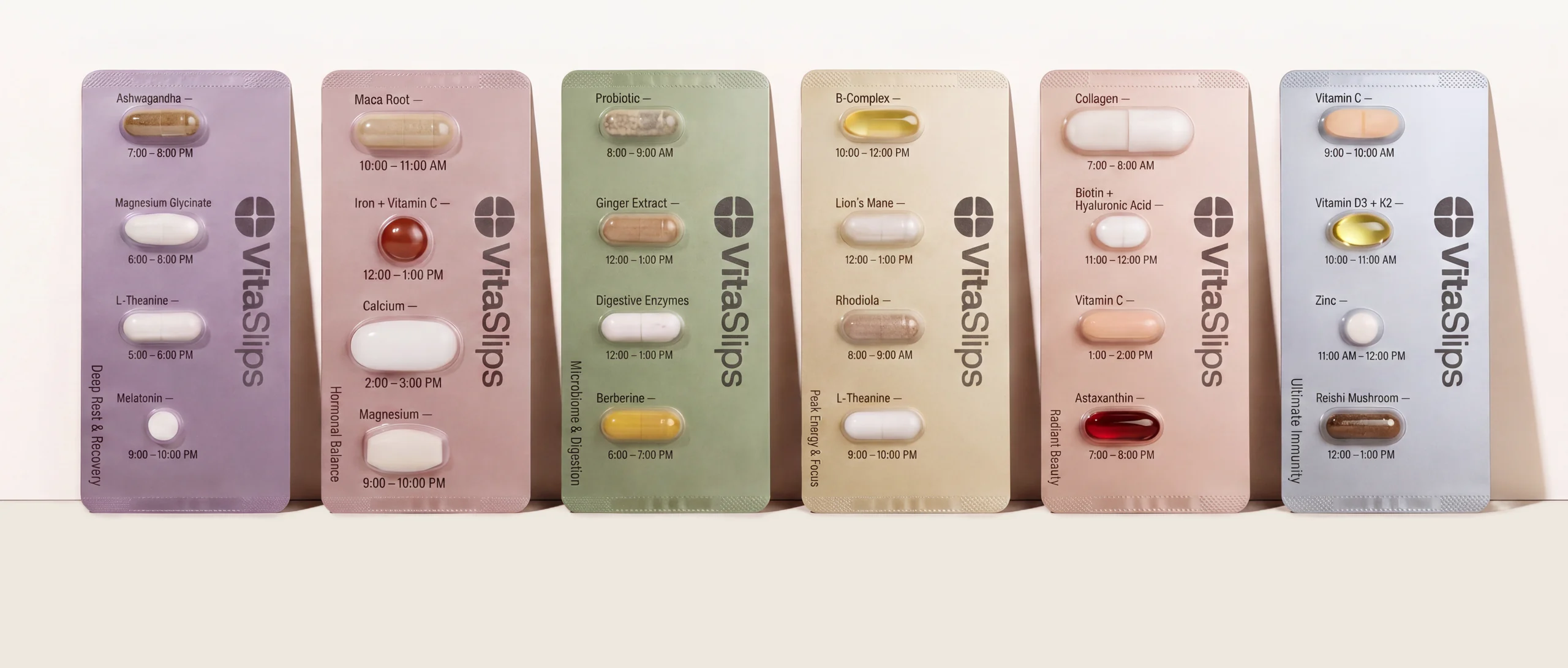 VitaSlips — six personalized supplement slips in a row