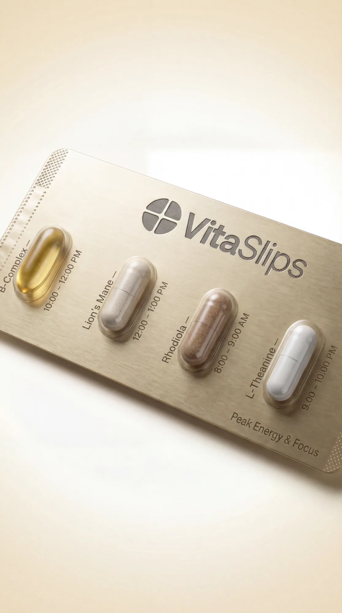 Peak Energy & Focus — VitaSlips timed slip vs bottle clutter and one-size multivitamins